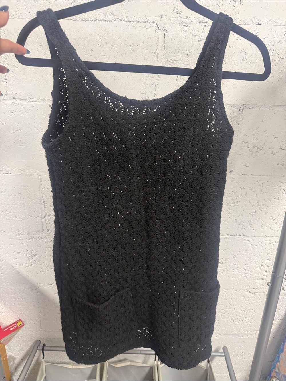 Women’s Black Crochet Tank Dress w Pockets Cover Up Size Large